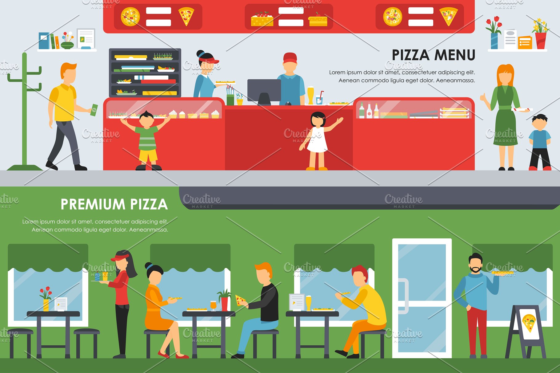 外卖&披萨餐厅内部展示服务概念平面插图 Pizzeria Flat Interiors 9 sets插图(3)