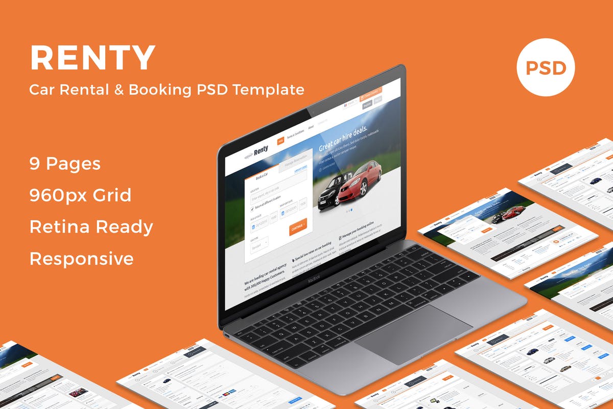 汽车租赁&销售网站设计PSD模板 Renty – Car Rental & Booking PSD Template插图