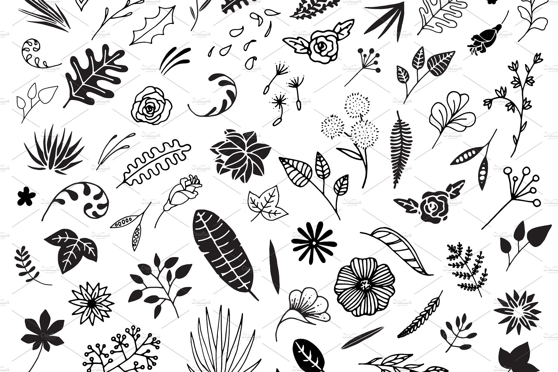 300幅手绘线条艺术风格花卉剪贴画 300 Hand Drawn Florals插图(2)