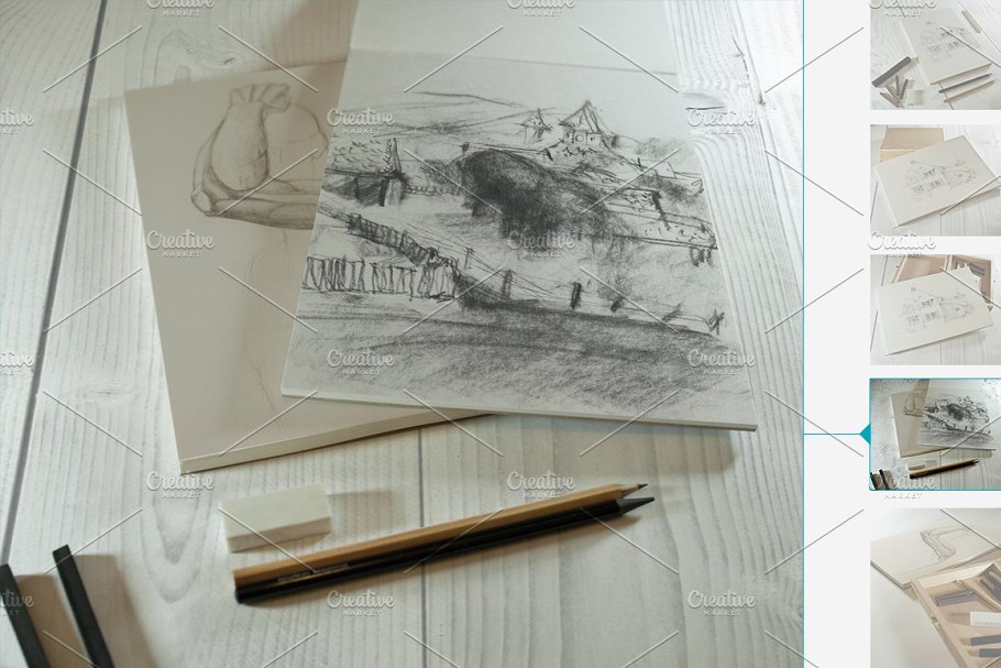 炭画&素描艺术作品展示样机模板 Charcoal & Sketch Mockup插图(2)