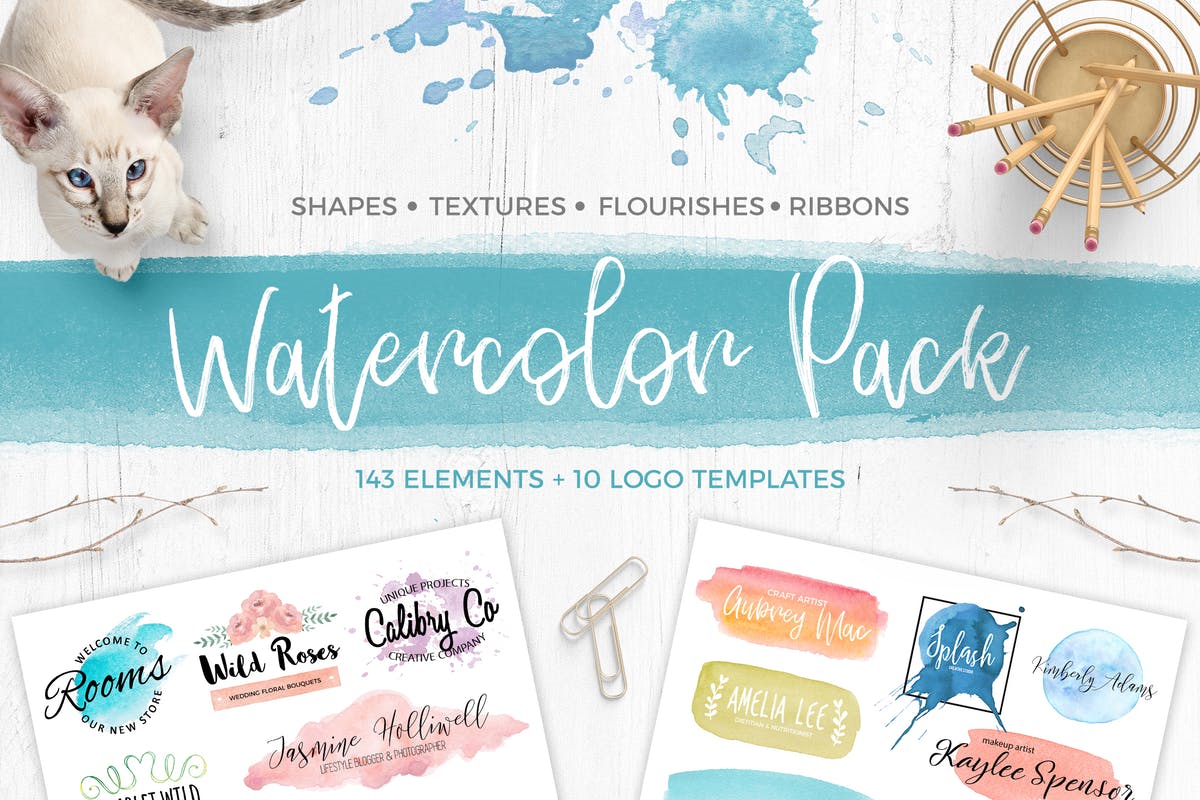 水彩设计元素&水彩风格Logo设计模板 Watercolor Pack. Textures and logos插图