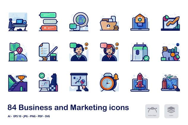 商业和市场营销主题多彩线形图标 Business and marketing detailed filled line icons插图(3)