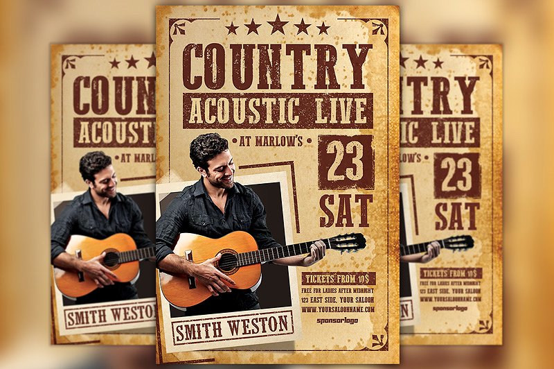 乡村音乐西式派对活动宣传单设计素材 Country Acoustic Night Flyer插图