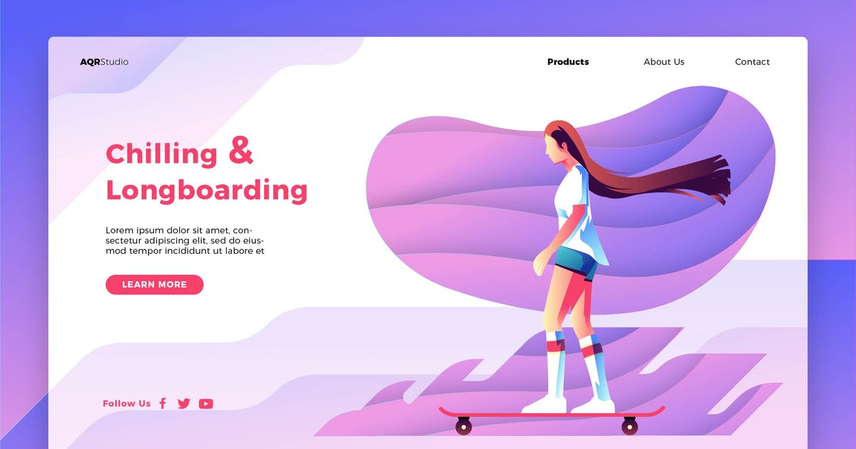 滑板运动概念插画网站Banner＆着陆页设计模板 Longboarding – Banner & Landing Page插图