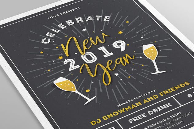 香槟图形新年祝酒会年会2019新年海报设计模板 New Year 2019 Flyers插图(2)