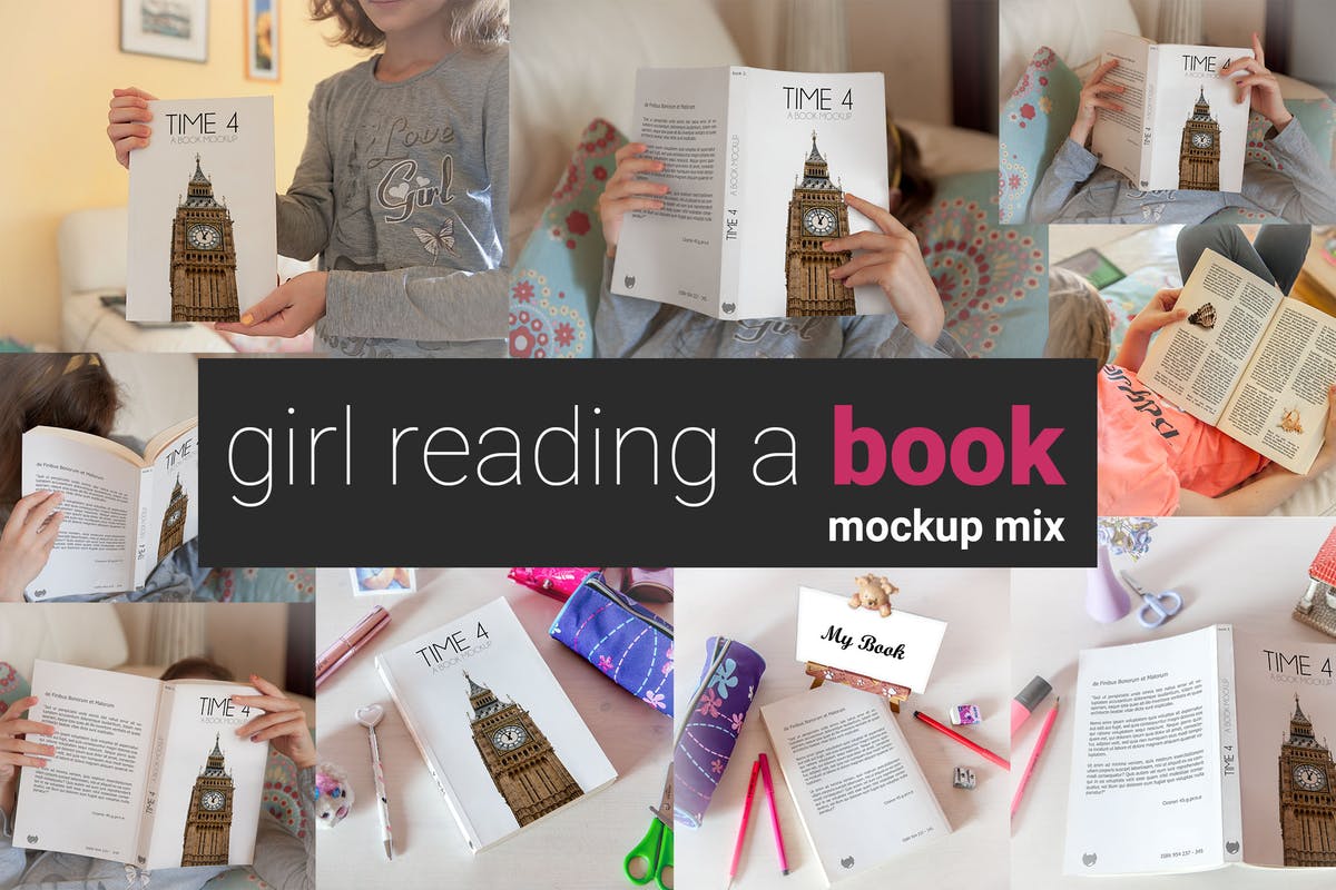 儿童图书阅读场景样机模板 Girl Reading a Book Mock-up插图