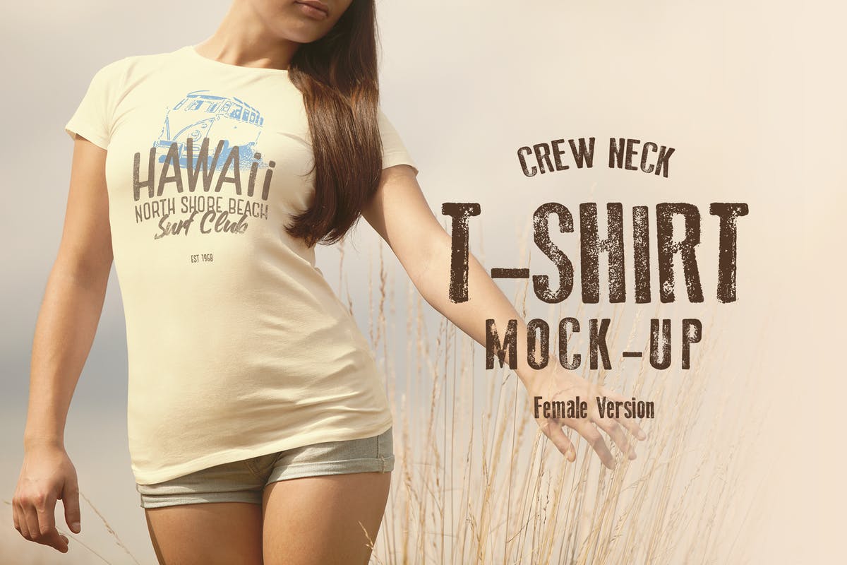 女性时尚圆领印花T恤服装样机 Crew Neck T-shirt Mock-up Female Version插图