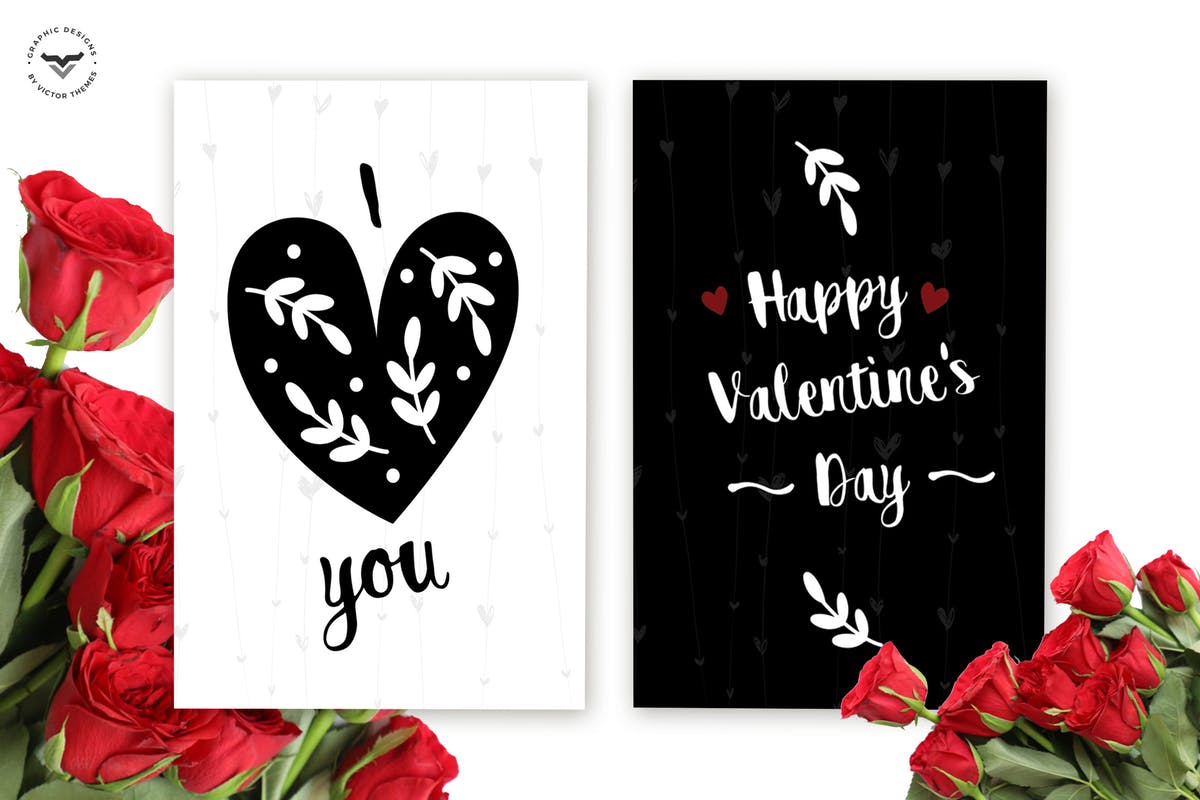 黑白极简设计风格情人节主题贺卡PSD模板 Valentines Day Greeting Card Template插图