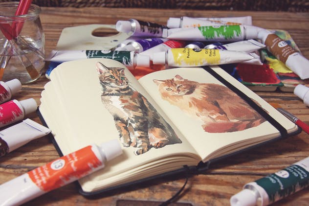 水彩画创作画室场景袖珍笔记本样机模板v7 Pocket Notebook Acrylic Paint Tubs插图(2)