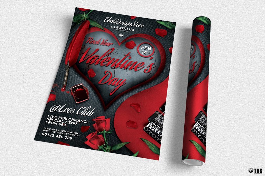 深红色情人节主题传单PSD模板 Rock Your Valentine Flyer PSD插图(2)