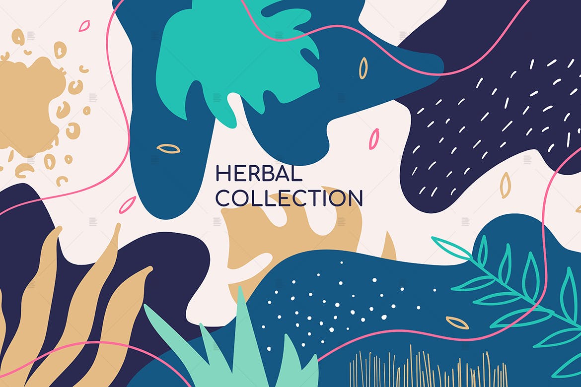 抽象草药植物手绘图案矢量背景素材 Abstract herbal collection colorful banner插图(1)