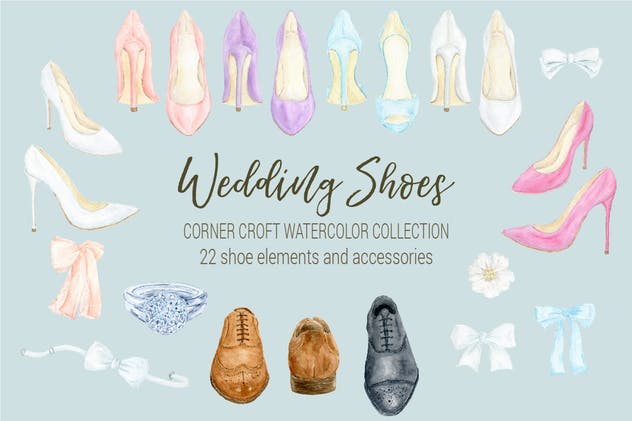 婚礼鞋水彩元素剪贴画合集 Watercolor Wedding Shoes Collection插图(5)