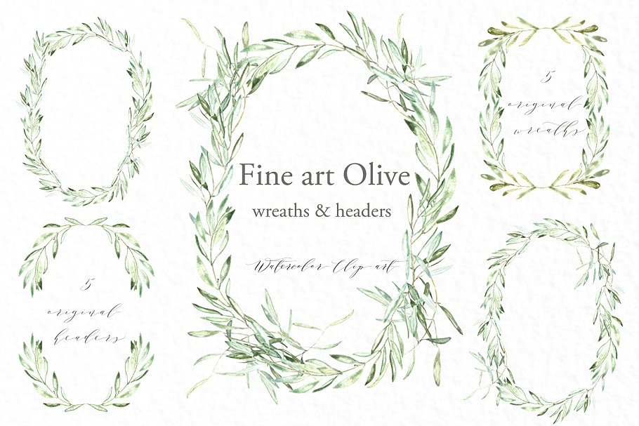 橄榄枝椭圆形花圈和header剪贴画 Olive oval wreaths & headers clipart插图(3)
