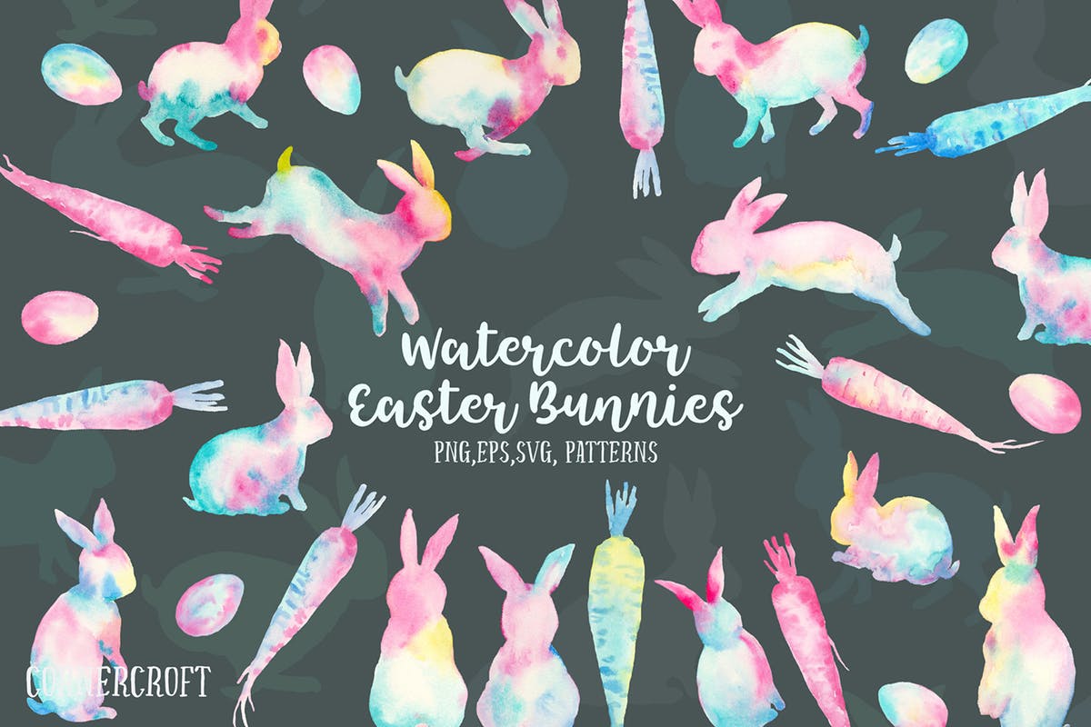 复活节兔子水彩矢量图案设计套装 Watercolor Easter Bunnies Design Kit插图