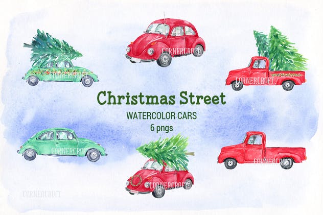 圣诞街道水彩剪贴画元素合集 Watercolor Christmas Street插图(2)