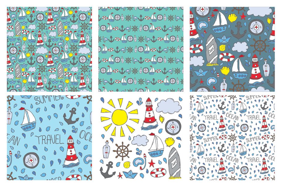 海洋元素涂鸦图案无缝纹理 Doodle ocean seamless patterns插图(1)
