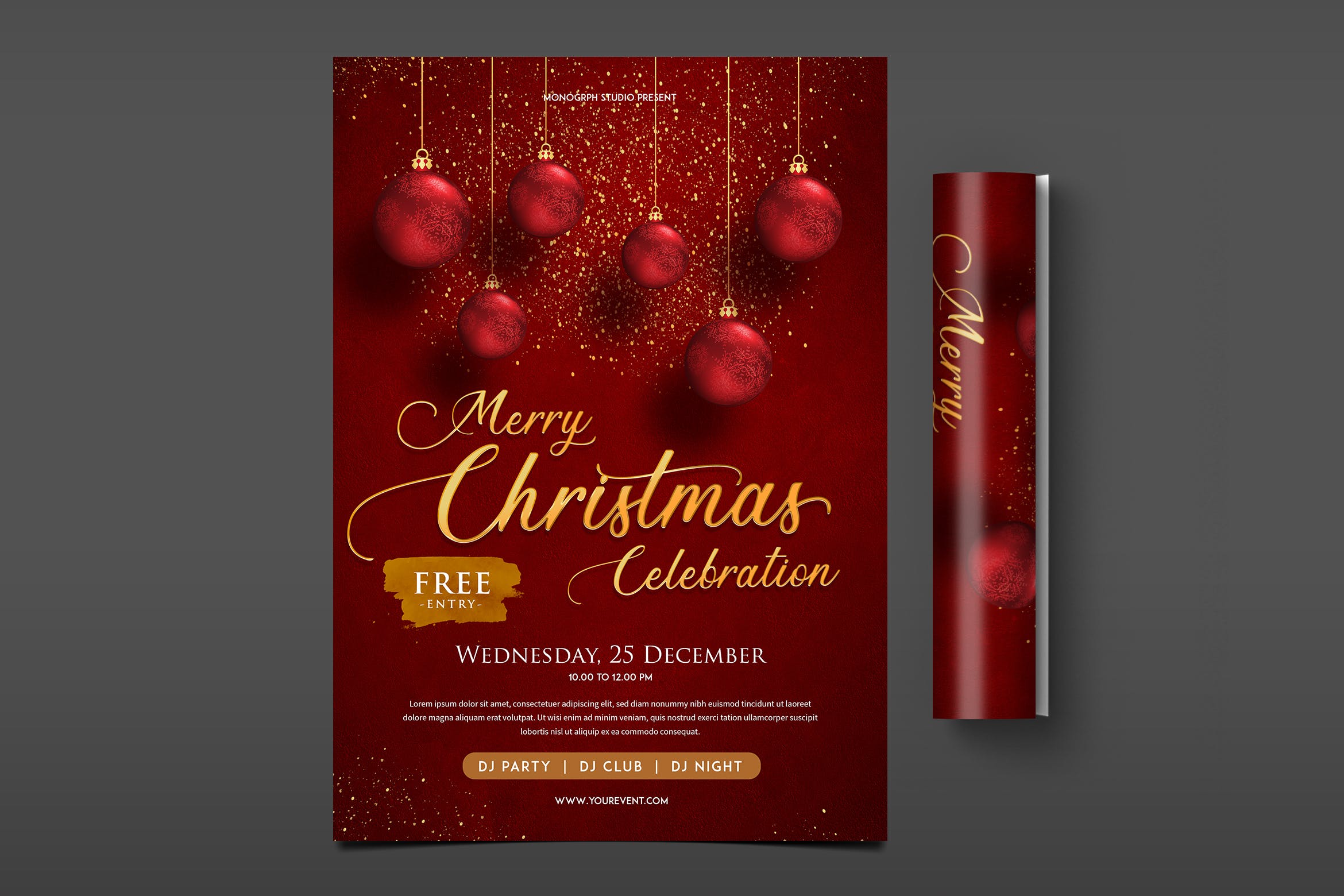 闪粉大红色风格圣诞节活动派对海报传单模板 Christmas Party Flyer插图