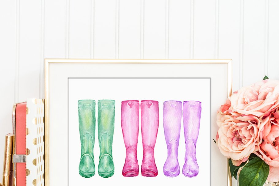 水彩艺术塑胶雨靴花园靴子剪贴画 Watercolor Garden Boots, Wellies插图(2)