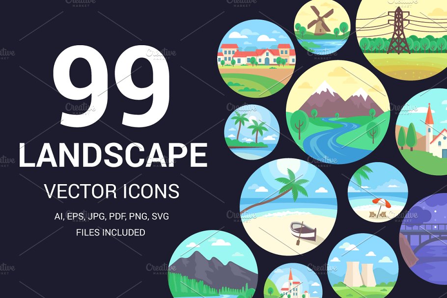 99枚常见风景场景图标 99 Landscape Icons or Illustrations插图