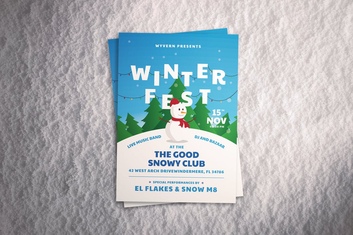 冬日堆雪人活动海报传单设计模板 Winter Festival Flyer插图(2)