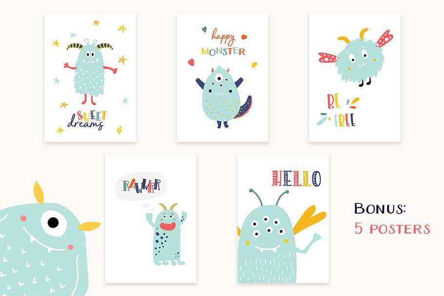 可爱的五颜六色怪物图案合集 Cute Monsters Patterns插图(5)