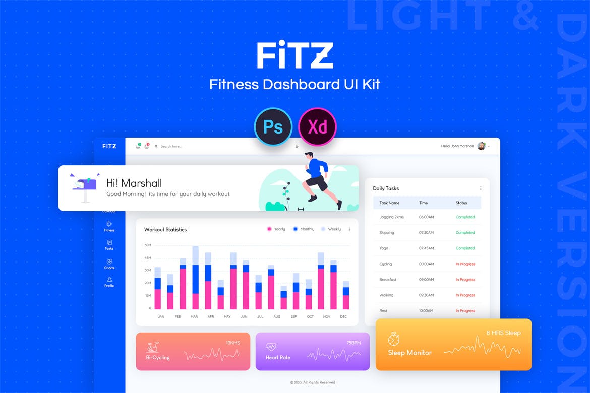 健身网站后台管理界面UI设计套件 Fitz : Fitness Dashboard UI Kit插图(1)