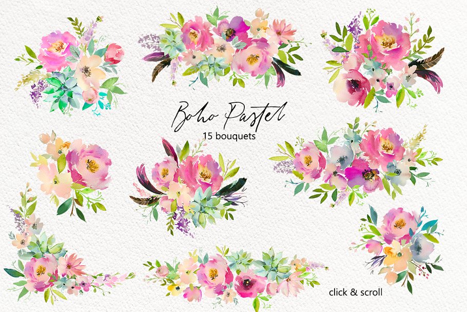 波希米亚式水粉花卉素材集 Boho Pastel Watercolor Flowers Set插图(1)