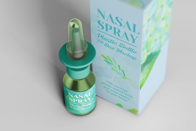 滴鼻瓶外观及包装设计样机模板 Nasal Spray Clear Bottle With Box Mockup插图(7)