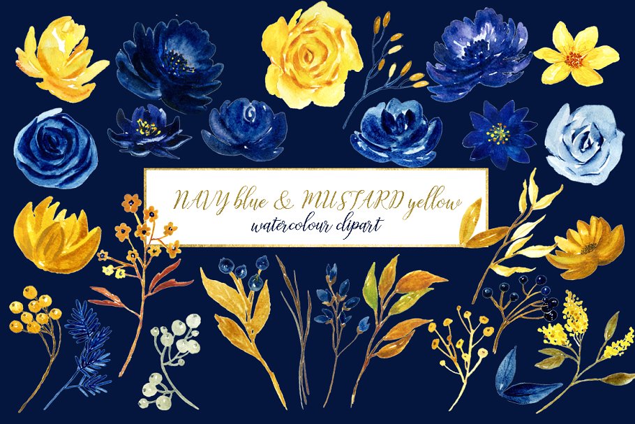 海军蓝&芥末黄水彩花卉插画素材 Navy blue & mustard yellow flowers插图(6)