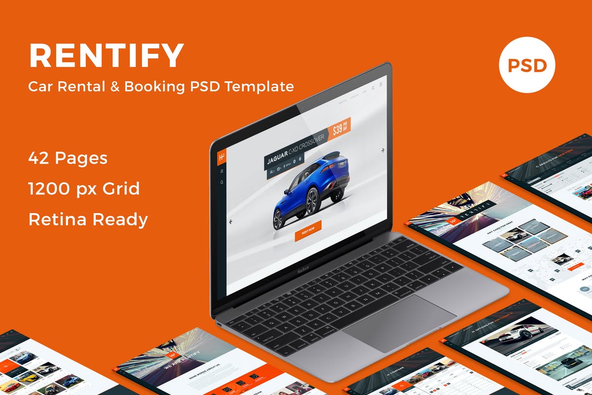 汽车租赁和预订网站设计PSD模板 Rentify – Car Rental & Booking PSD Template插图