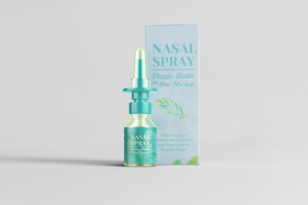滴鼻瓶外观及包装设计样机模板 Nasal Spray Clear Bottle With Box Mockup插图(1)