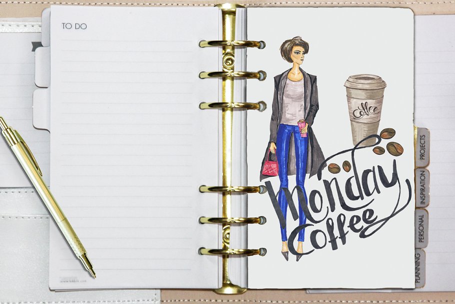 星期一咖啡元素手绘剪贴画 Monday Coffee Hand-painted Clipart插图(4)