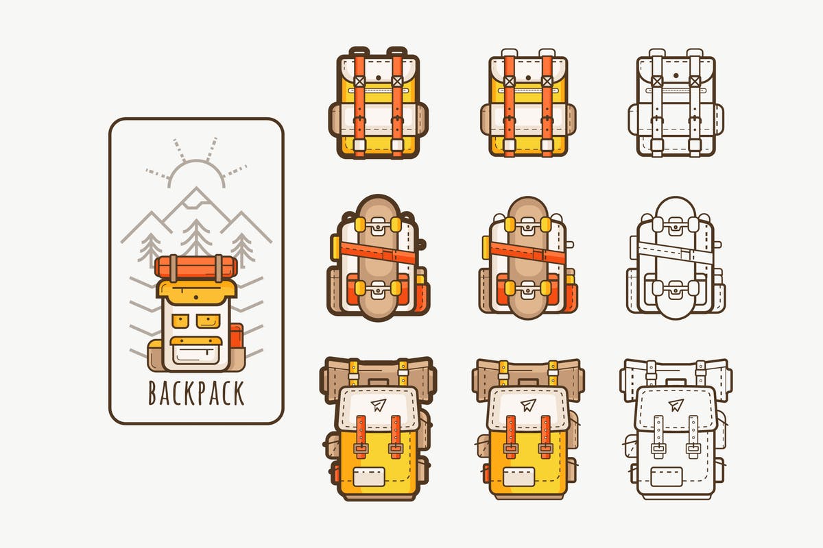背包客徒步旅行矢量图标 vector icons with backpacks for hiking插图