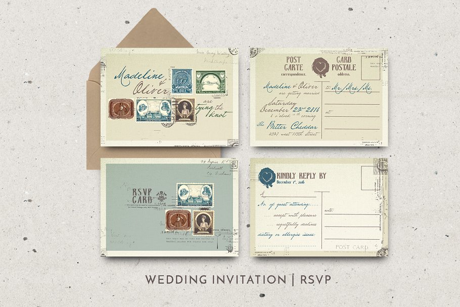 复古邮票主题风婚礼邀请函设计模板 Vintage Stamp Wedding Suite插图(4)