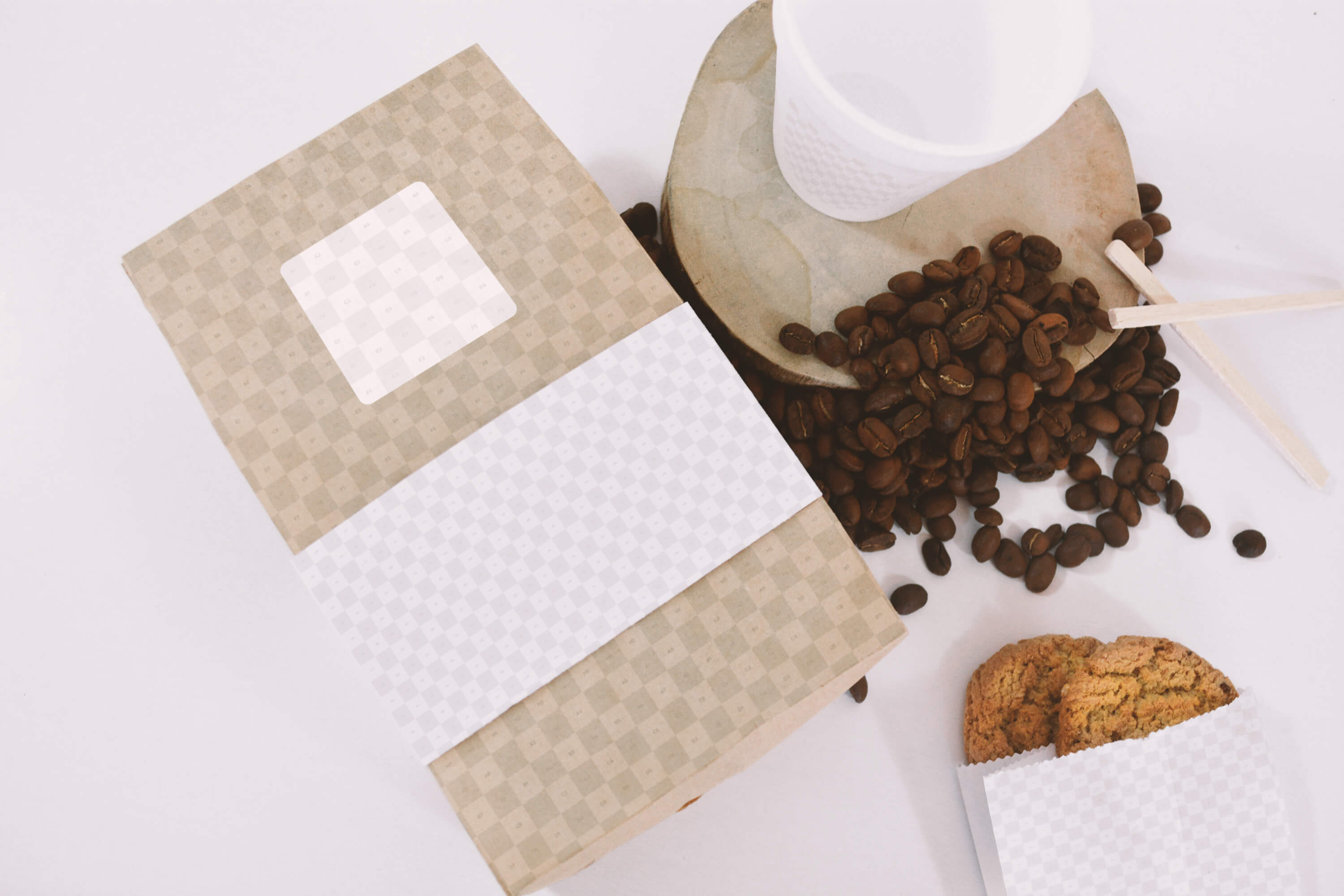 咖啡品牌标识设计咖啡袋＆咖啡杯俯视图样机模板 Coffee Bag and Cup Mockup Top View插图(1)