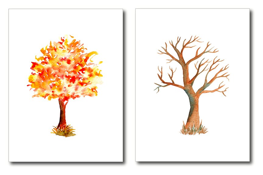 手绘水彩冬季树木系列插画素材 Watercolor Tree Illustration插图(2)