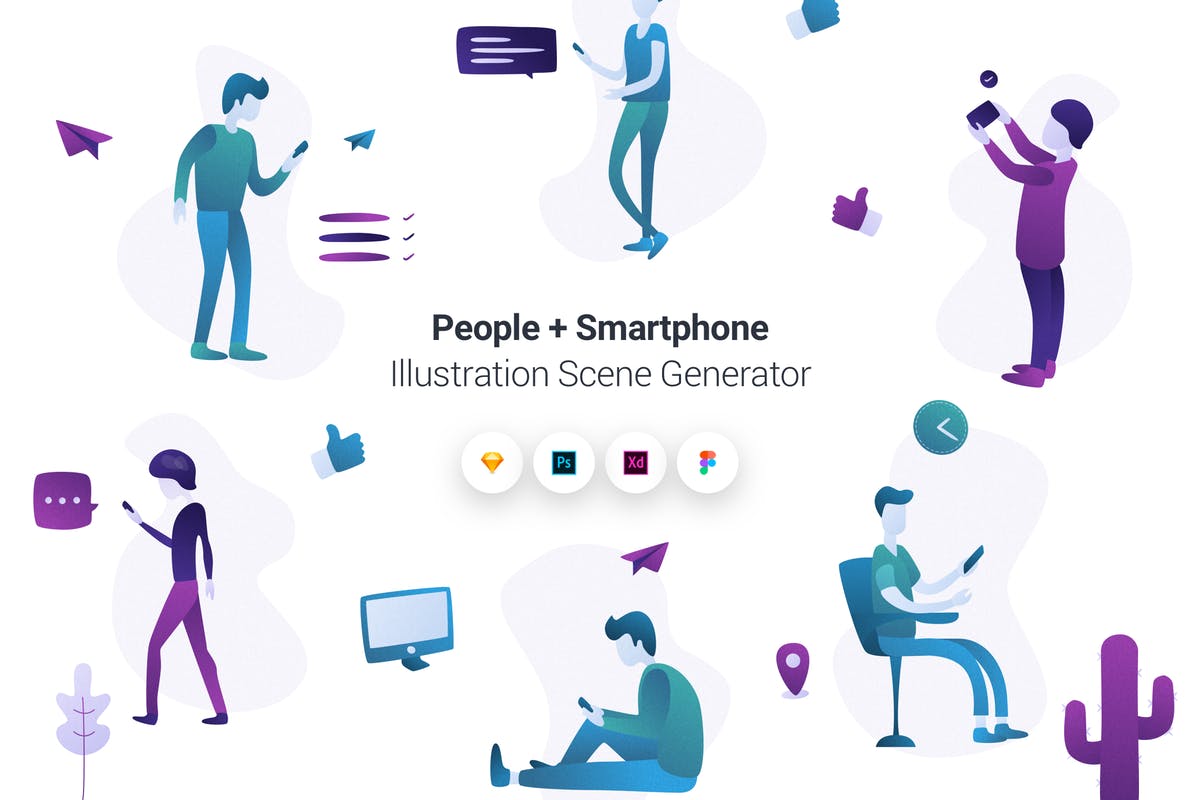 人类使用智能手机生活场景插画素材 People + Smartphone Illustration Scene Generator插图