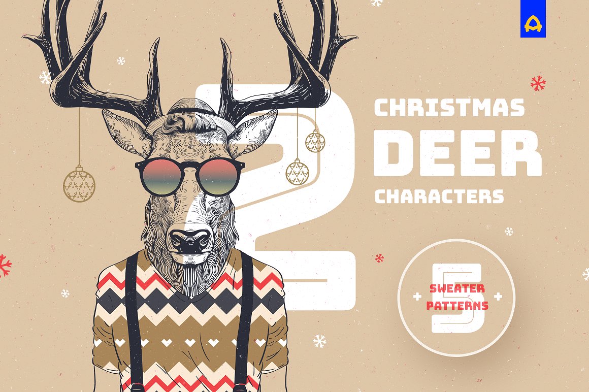 80年代穿复古毛衣的鹿5种不同的圣诞节模式插图