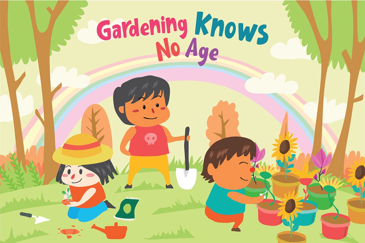 儿童乐园主题手绘矢量插画素材 Gardening Friends – Vector Illustration插图