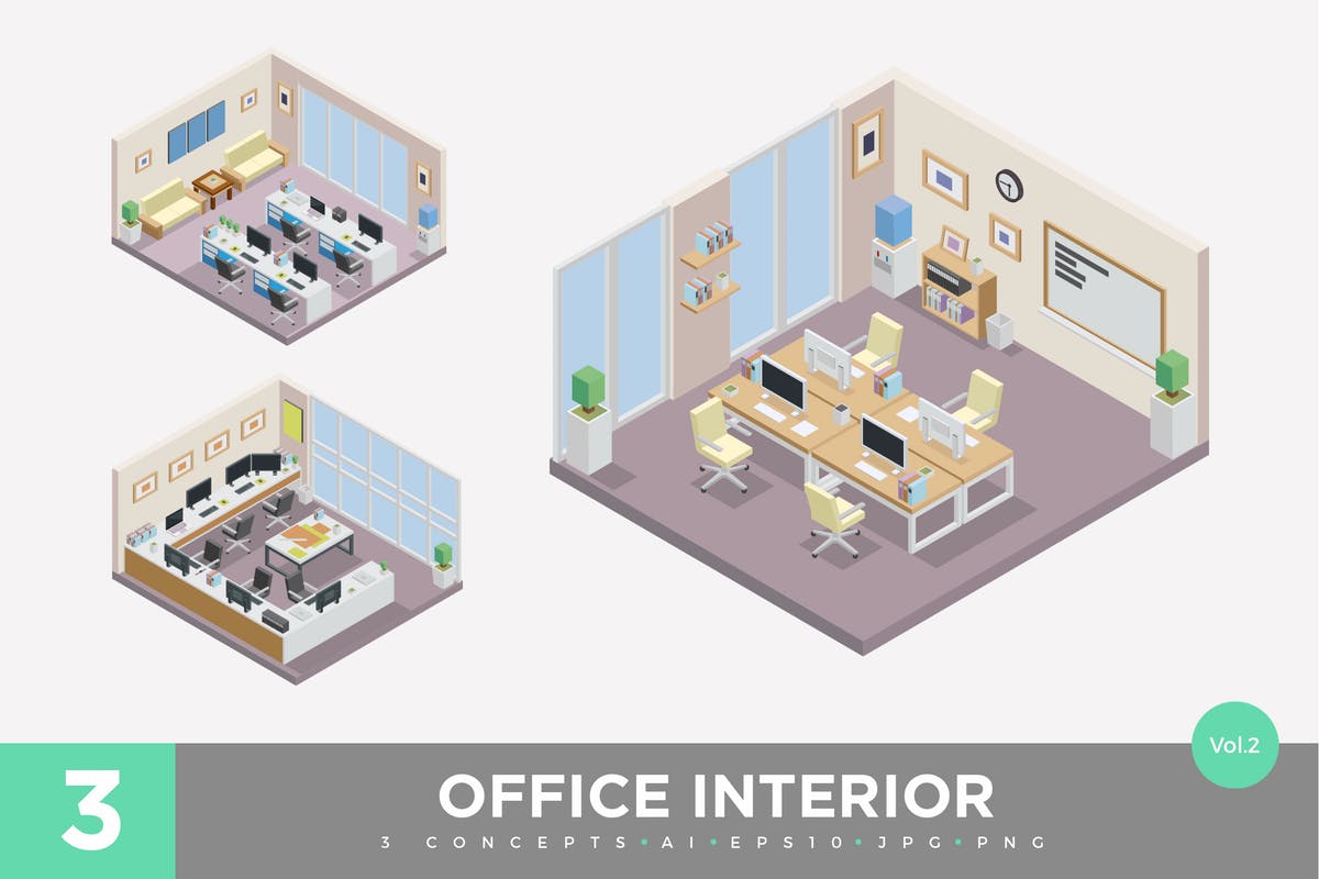 办公室场景2.5D等距概念插画v2 3 Isometric Office Cubical Interior Vector Set 2插图