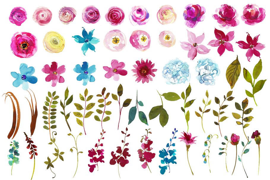 波希米亚风粉红色水彩花卉剪贴画 Boho Chic Pink Watercolor Flowers插图(4)
