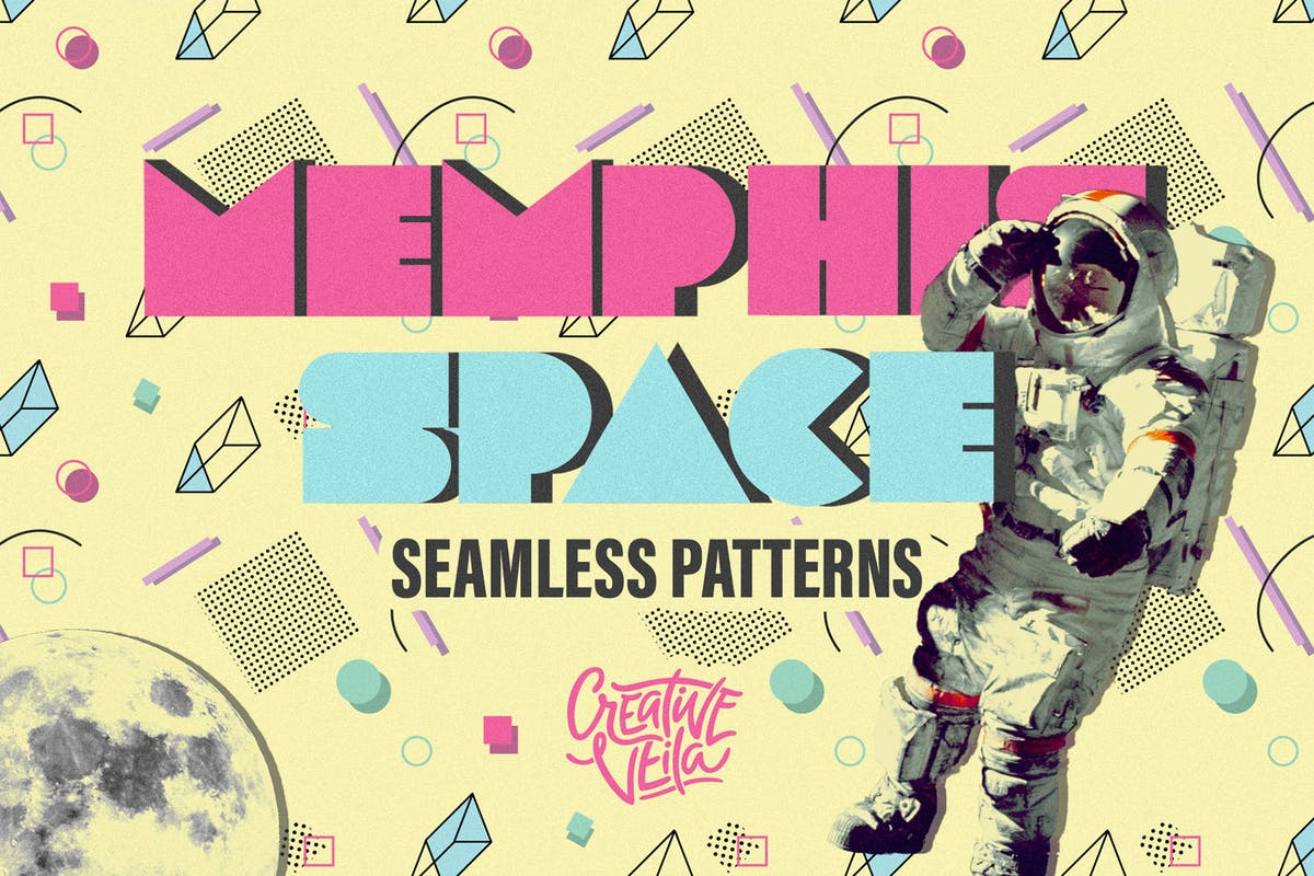 孟菲斯太空元素无缝图案纹理 Memphis Space Seamless Patterns插图