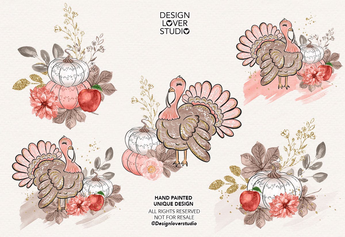 感恩节主题火鸡手绘图案数码纸张背景 Turkey Thanksgiving design插图(1)
