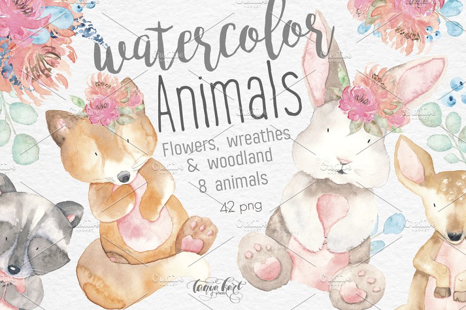 水彩动物和花卉剪贴画 Watercolor Animals, Flowers Clipart插图