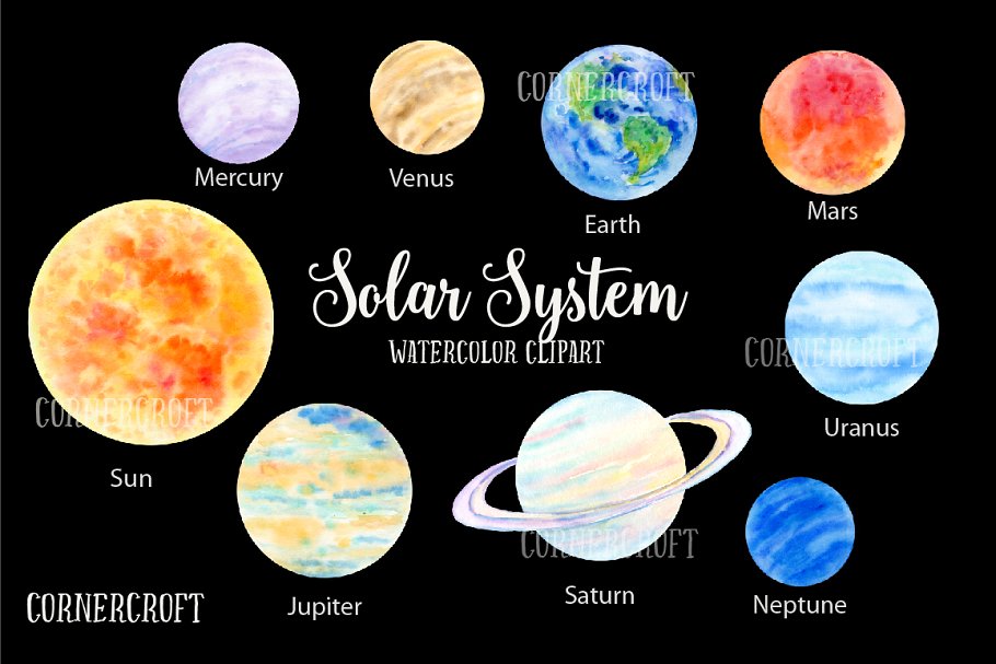 太阳系行星水彩剪切画 Watercolour Solar System插图(2)