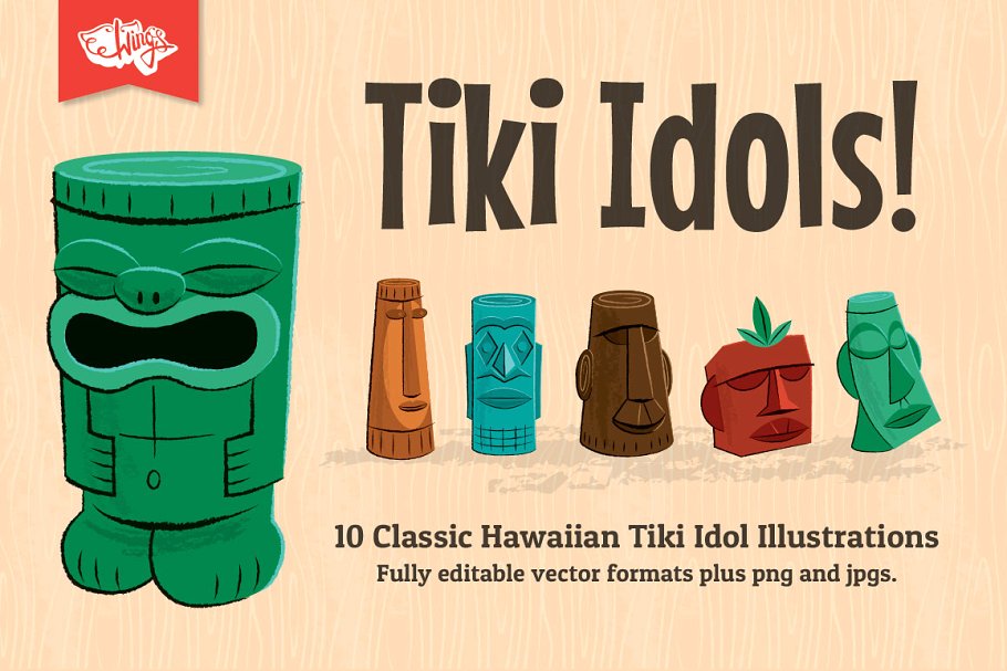 10款夏威夷经典TIKI玩偶矢量图形 Tiki Idol Vector Illustrations插图