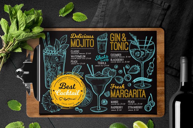 鸡尾酒黑板菜单设计模板素材 Cocktail Bar Menu插图(1)