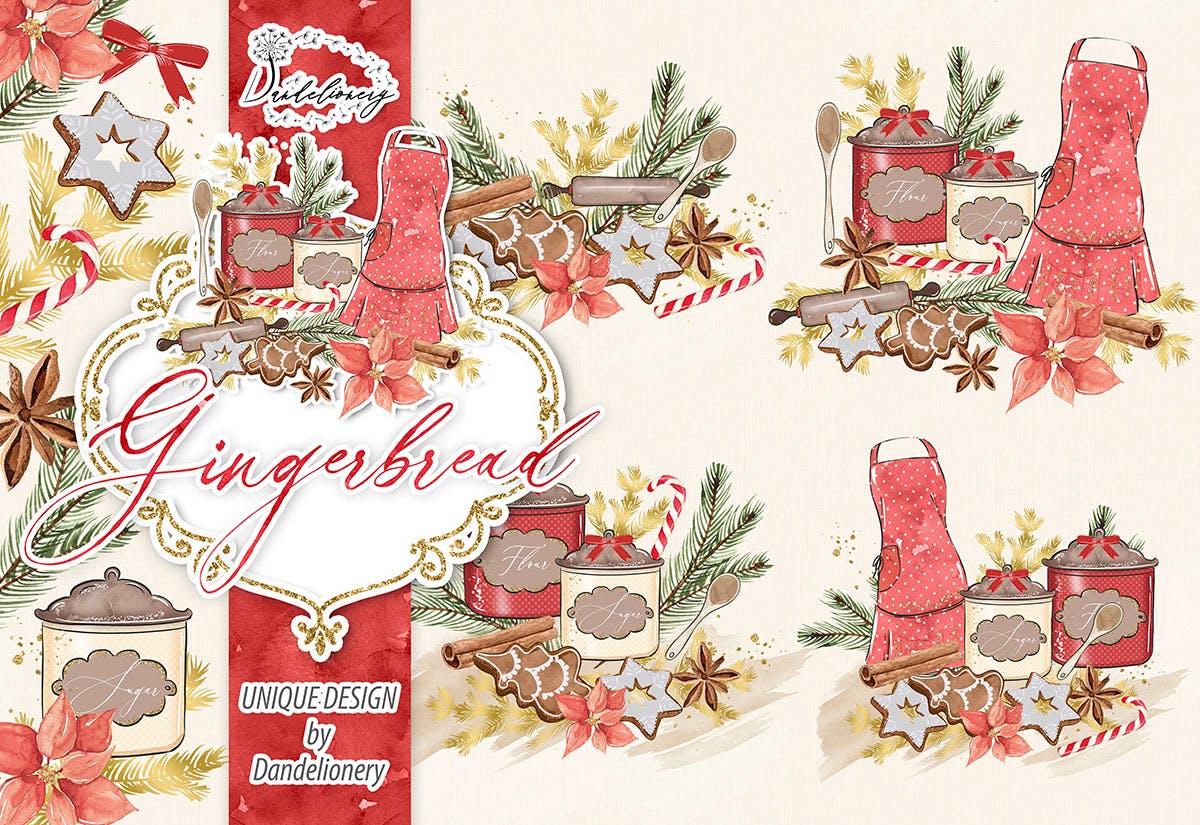 圣诞节节日主题水彩手绘剪贴画PNG素材 Christmas Gingerbread design插图(2)