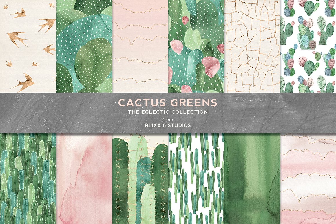 绿色水彩图案纹理合集 Cactus Greens Watercolor Graphics插图
