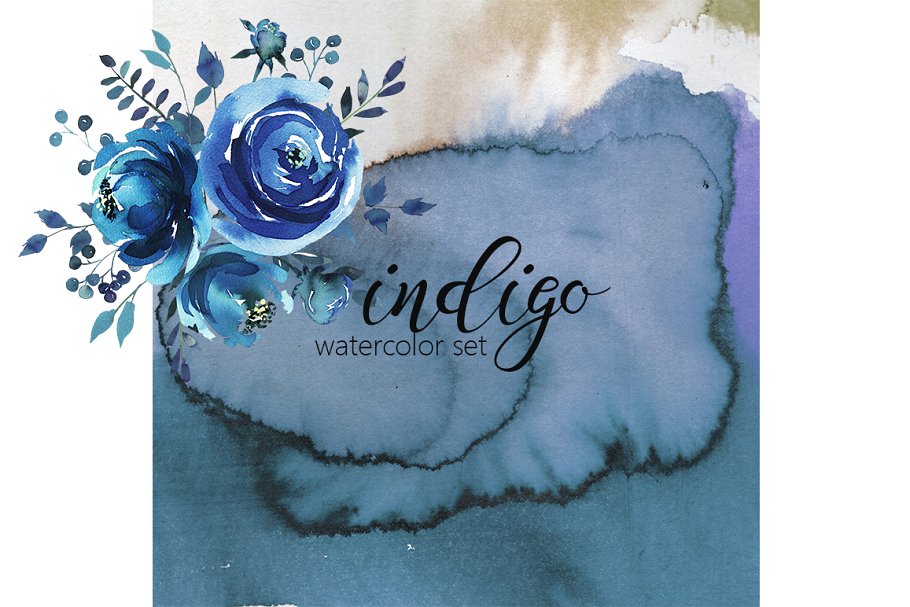 靛蓝水彩花卉剪贴画 Indigo Blue Watercolor Flowers Set插图(7)